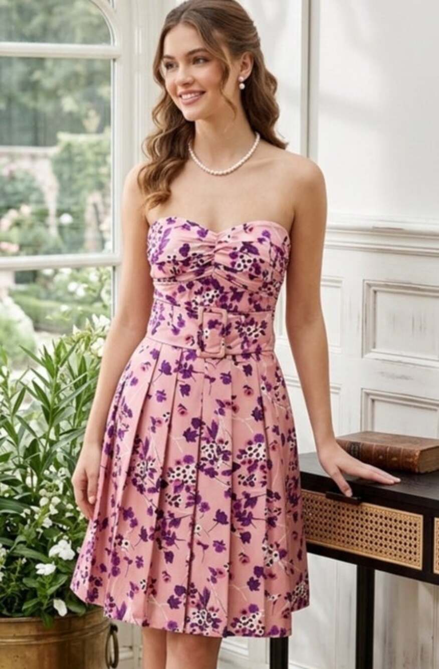 Express Y2K Silk Floral Strapless Fit and Flare Belted Dress